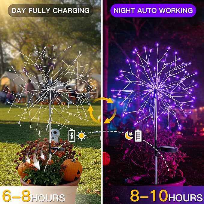 2 Pack Purple Halloween Lights Outdoor, 150LED Purple Solar Garden Lights with 8 Modes, Waterproof Solar Firework Light for Halloween Yard Garden Decorations