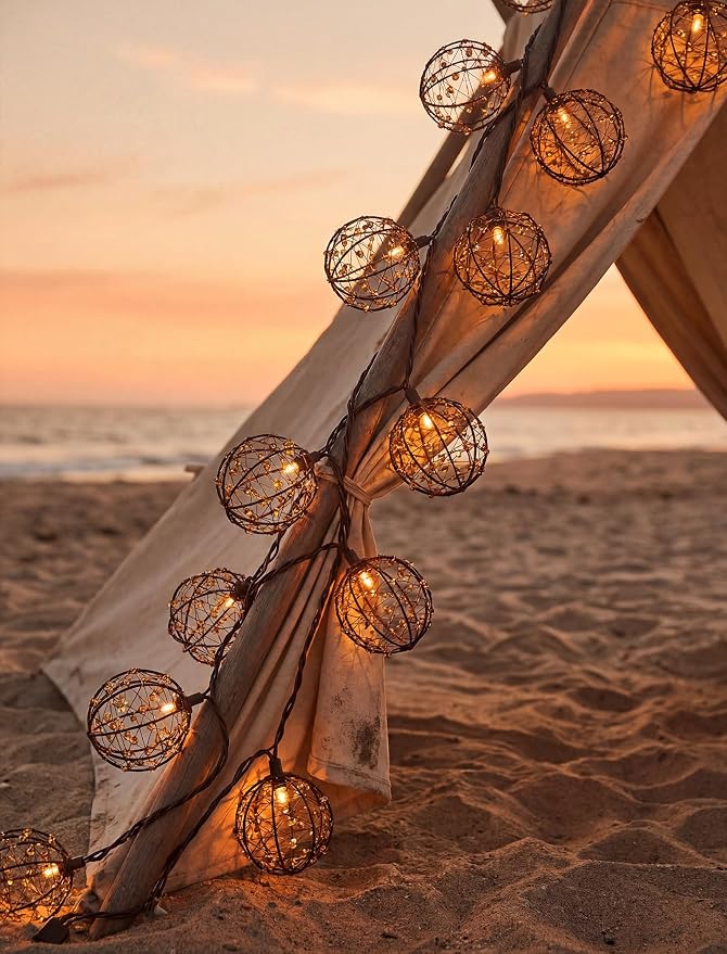 Outdoor Patio String Lights, 8.5FT 10 LED Beaded Copper Wire Ball Lights, Connectable Weather-Resistant Decorative Lights for Pergola, Porch, Bedroom, Backyard & Party