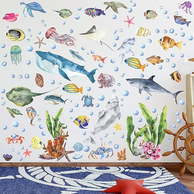 Glow in The Dark Wall Decals, Under The Sea Wall Sticker Decals Decor | Watercolor Creatures Decor Sea Life Animals Waterproof Stick Wall Decal for Kids Boys Bedroom
