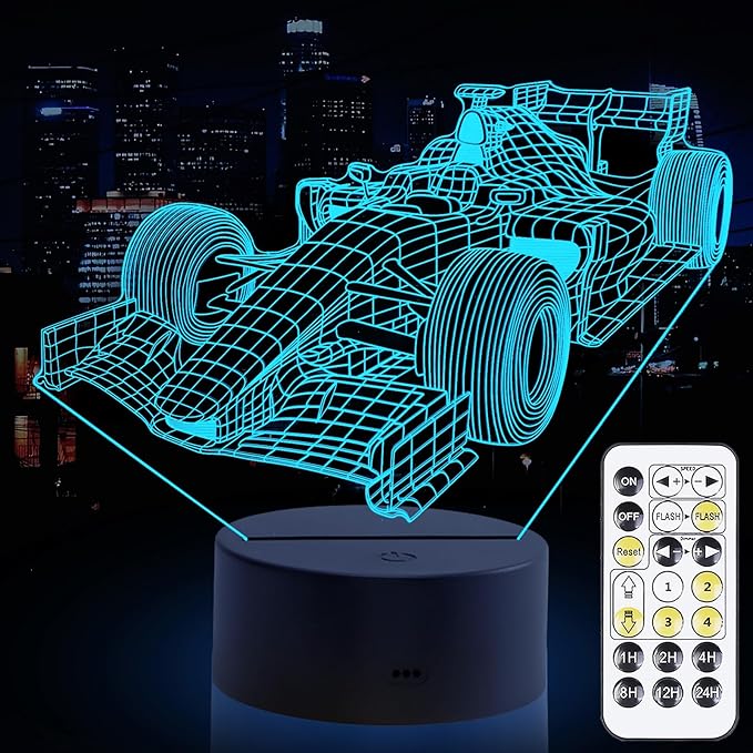 Racing Car Night Light, Formula 1 3D LED Night Lamp for Boys - Racing Cars Themed Bedroom Lamps, Optical Illusion Lamp with Remote Control, Perfect for Kids' Room Décor, Cool Gifts for Cars Lovers