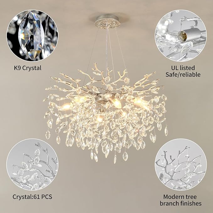 EGM 24-Inch Modern Crystal Chandeliers for Living Room, Silver Crystal Chandeliers for Dining Room, 8-Light Modern Raindrop Leaf Chandelier for Bedroom, Babyroom, E12