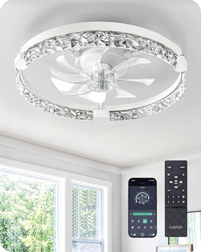 EDISHINE 20" Modern Ceiling Fans with Lights and Remote,3000-6000K Dimmable | Low Profile Flush Mount Fandelier, 6 Speeds, DC Motor, LED Modern Bladeless Fan Light for Bedroom, Living Room, White