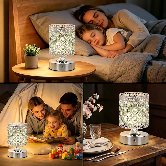 Green Crystal Rechargeable Cordless Table Lamp, Touch Small Desk Lamp | 6000mAh Battery, 3 Color Temps, Stepless Dimming, USB Charging, Portable Wireless Night Light for Bar Bedroom Living Room