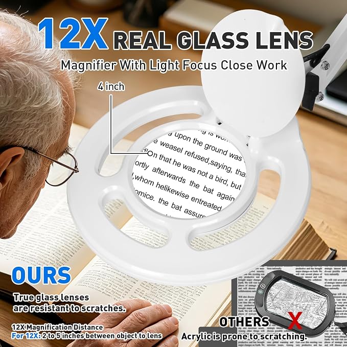 12X Magnifying Glass with Light, KIRKAS 2,200 Lumens LED Magnifying Lamp | with Clamp, Stepless Dimmable Real Glass Lens Magnifier, Adjustable Arm Workbench Light for Close Work Hobby Repair - White