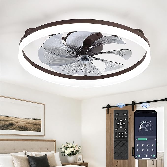 LEDIARY 23" Low Profile Ceiling Fans with Lights, APP & Remote, Brown | Flush Mount, Dimmable LED, Quiet DC Motor, Reversible, 6 Speeds, Fandelier, for Bedroom