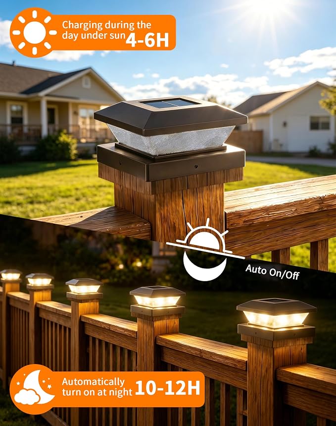 4x4 Solar Post Cap Lights - 12 Pack Fence Deck Post Solar Powered Lights | 3.5x3.5 4x4 Outdoor Postcap Light for Wood/Vinyl Posts, LED Waterproof Patio Porch Posts Lighting, 3 Lighting Modes, Black