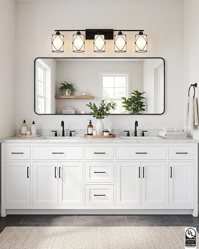 5-Light Matte Black Bathroom Light Fixtures Over Mirror, 38" UL-Listed Modern Farmhouse Wall Sconce Lights with Milk White Frosted Glass and Metal Cage for Bath, E26, CH9176BKW-5W