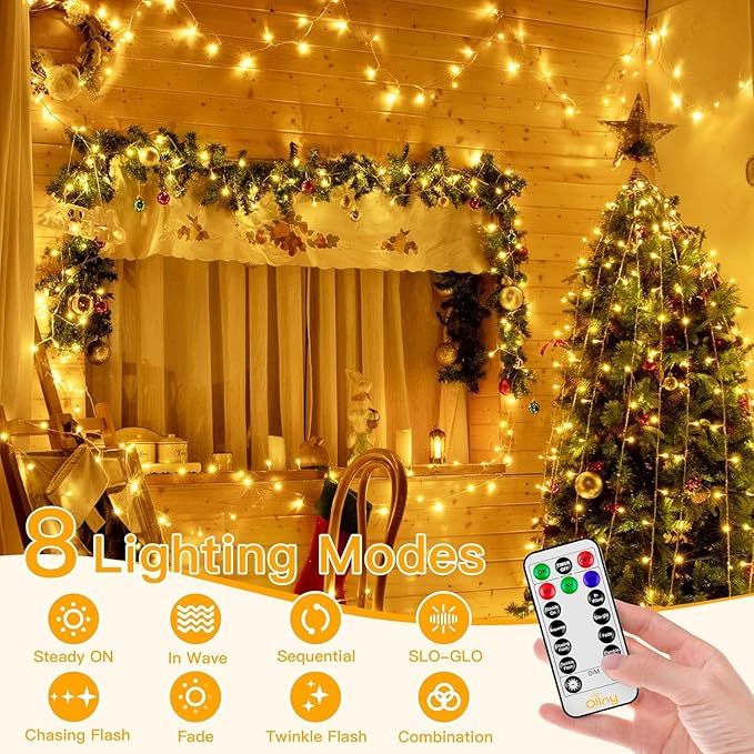 Ollny 400LED 131FT Christmas Lights Outdoor, Clear Wire Fairy Lights with Remote 3 Timer, Plug in 8 Modes String Lights for Bedroom Indoor Outside House Party Xmas Decorations, Warm White