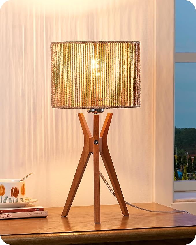 EDISHINE 17.5" Rattan Table Lamp, Handmade Paper Rope Woven Lampshade, E26 | Wood Bedside Lamp, ON-Off Switch, Triangular Wood Base, Modern Nightstand Lamp for Living Room, Bedroom, Office