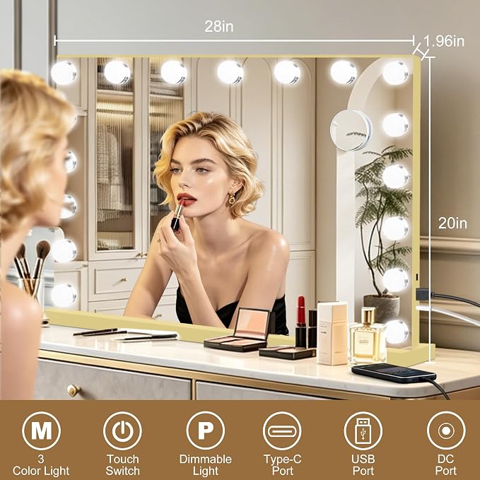 Ratsamee Gold Hollywood Vanity Mirror with Lights, 17 Dimmable Bulbs, 3 Color Lights,Make Up Lighted Mirror, Aluminum Metal Frame, USB Charging Port（28" x 20"）