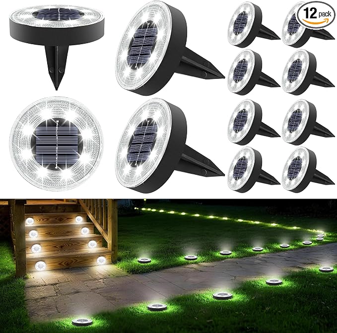 Joomer 2-in-1 Solar Lights Outdoor Waterproof, 12 Pack 8 LED, White | Solar Powered Garden Lights Ground Disc Landscape Lighting for Patio Pathway Lawn Yard Driveway Walkway Deck Step