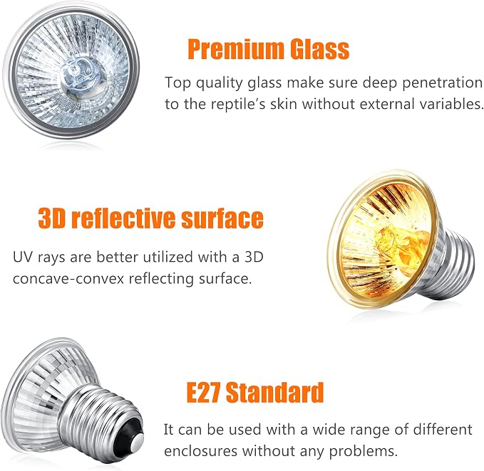 Reptile UV Bulbs, 2 Pack 50W Basking Heat Lamps, Habitat Basking Heat Bulb, UVB Light for Terrariums (E27, 110V)