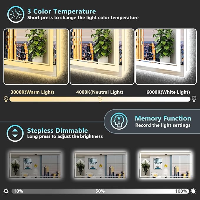 84x40 LED Bathroom Mirror, Backlit & Front Lit Lighted Mirror | Anti-Fog Vanity Mirror with Lights, 3 Color Dimmable, Memory, Shatterproof, Tempered Glass, CRI95, UL Listed, Wall Mounted