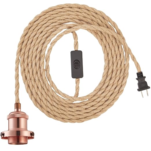 15.4ft Pendant Light Cord Kit, Industrial Vintage Plug in E26 Socket Hanging Light with Switch, Hemp Rope Hanging Light Fixture for Pendant Lamp Farmhouse Lamp Cable DIY