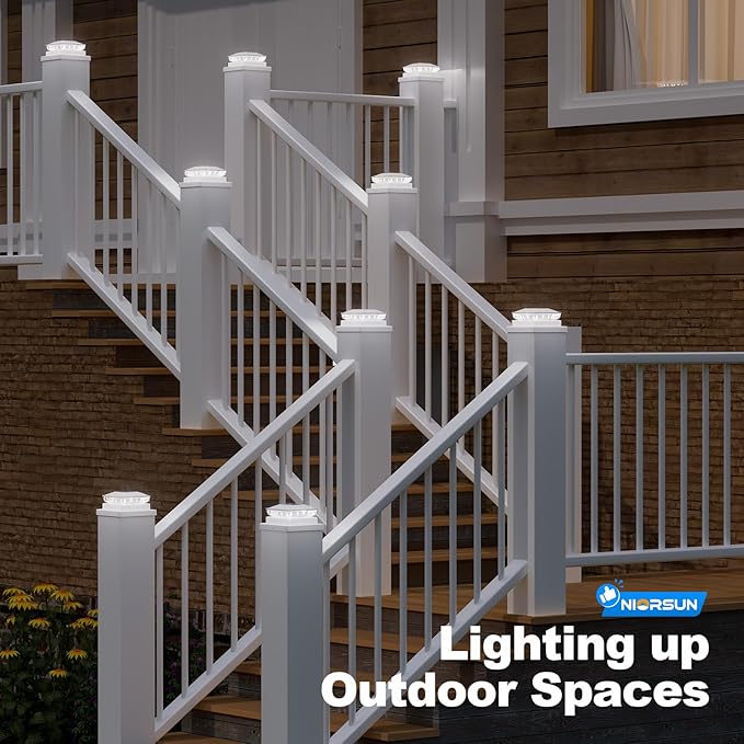 NIORSUN Solar Post Cap Lights Outdoor Waterproof, 2 Lighting Modes 4x4 Post Solar Lights, Fence Posts Solars Light for Deck Patio Garden Decoration, 4x4 Posts Caps Wood Vinyl, 12 Pack (White)