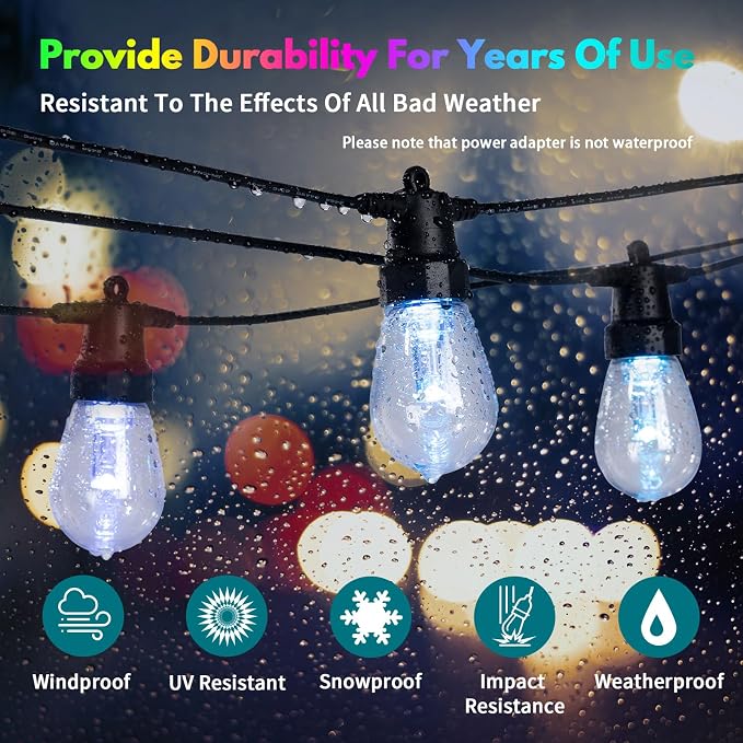 BBG Color Changing Outdoor String Lights Waterproof, 50FT Patio Lights | 20 Shatterproof LED Bulbs, RGBW 2700K Warm White, Smart App and Remote Control, Custom Colors, Dimmable, Music Sync and Timer