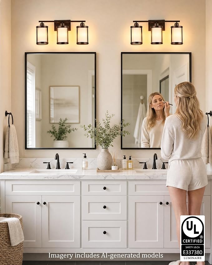 3-Light Oil Rubbed Bronze Bathroom Light Fixtures Over Mirror with Frosted Milk Glass and Metal Cage Shade, 21" UL-Listed Modern Farmhouse Wall Sconce for Bath, Hardwire E26, OS-3014ORBW-3W
