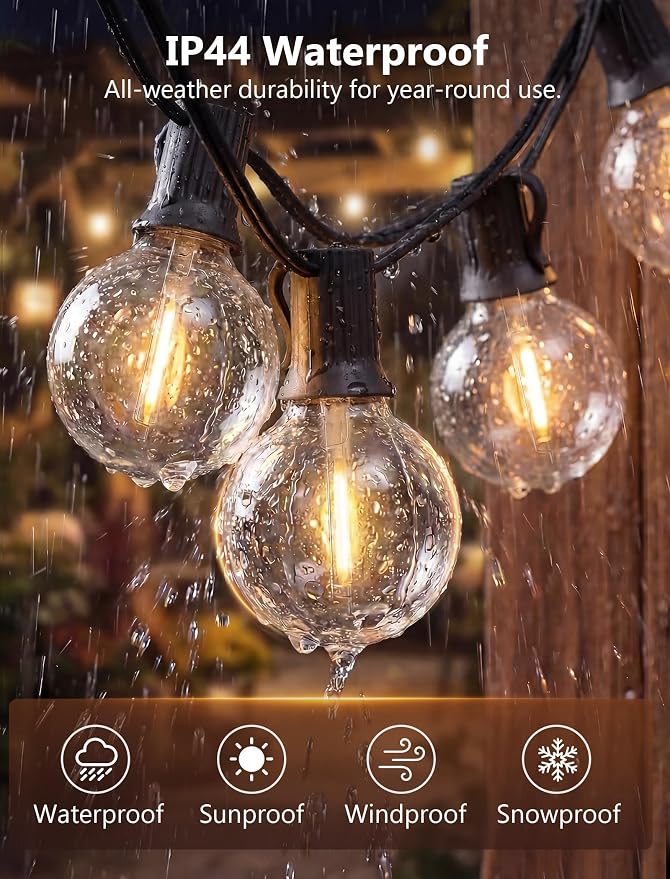 25Ft LED Outdoor String Lights, 27 G40 Globe Patio Lights IP65 Waterproof | 2700K Warm White, Plug In, Hanging Connectable Christmas Decorative Lights for Backyard Porch Garden Balcony Bistro, Black