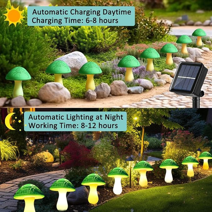 Solar Mushroom Lights Garden Decor 8 Green Crack Mushrooms Outdoor Decor Stake Lights Waterproof Solar Pathway Light Gardening Gifts for St Patrick's Day Easter Gnomes Yard Halloween Xmas Decorations