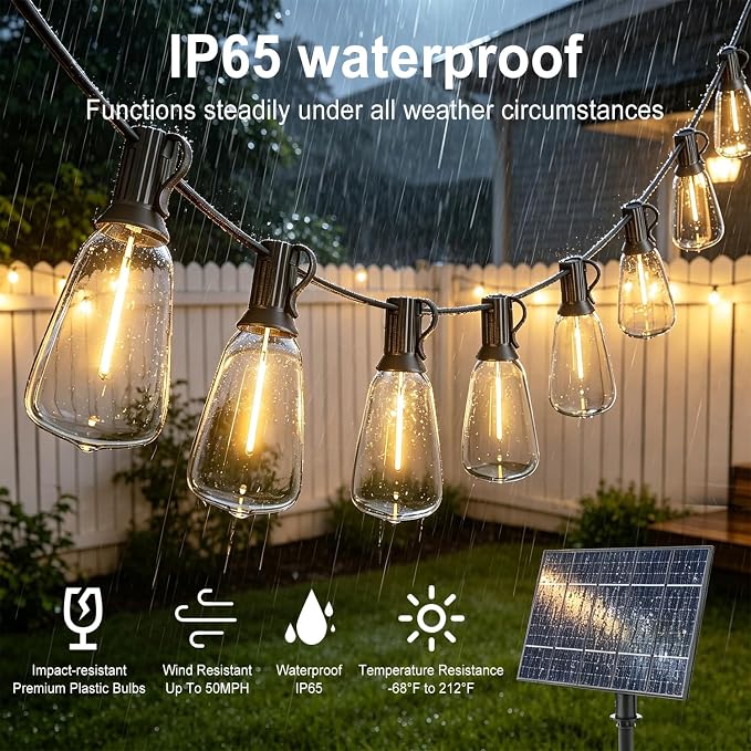 Achin 50FT Solar String Lights Outdoor with 32 LED Bulbs 1.5FT Bulbs Spacing,Patio String Lights Whith Remote, IP65 Waterproof, 3600mAm Battery (50FT 32Bulbs)