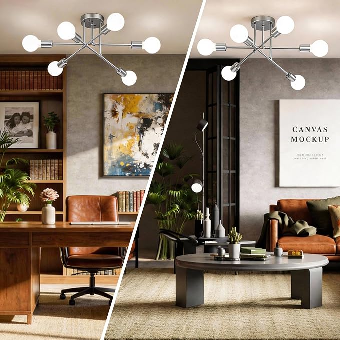 Modern Sputnik Chandelier Ceiling Light Fixtures, 6-Lights 22” Mid Century Industrial Metal Semi Flush Mount for Dining Room, Bedroom, Living Room-Glossy Silver