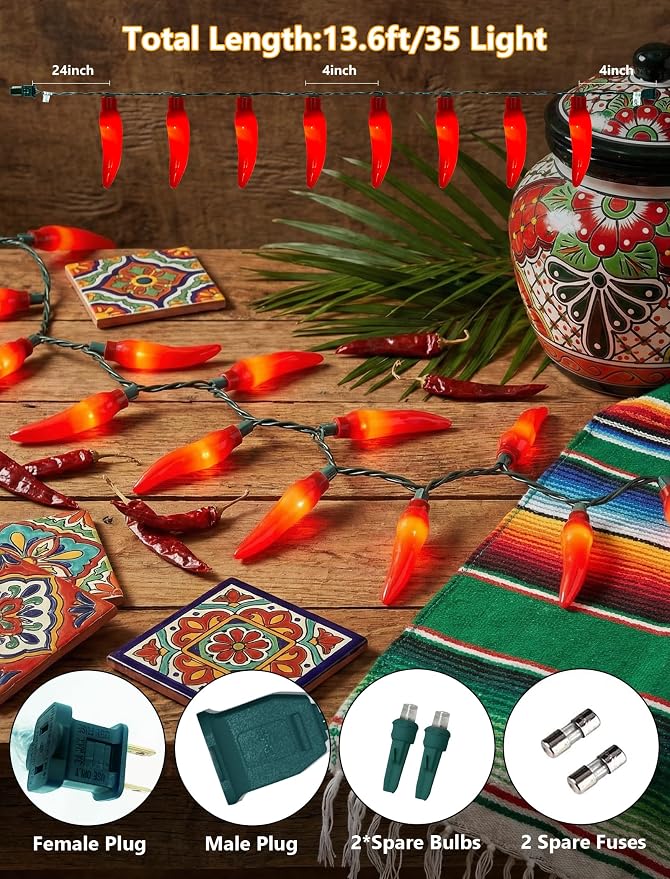 35 LED Red Chili Pepper Christmas Lights, 13.6Ft Camping String Lights | Plug in, Shatterproof, Indoor Fairy Lights for Kitchen Cook Off Decorations, Outdoor Patio Summer Decor, Green Wire