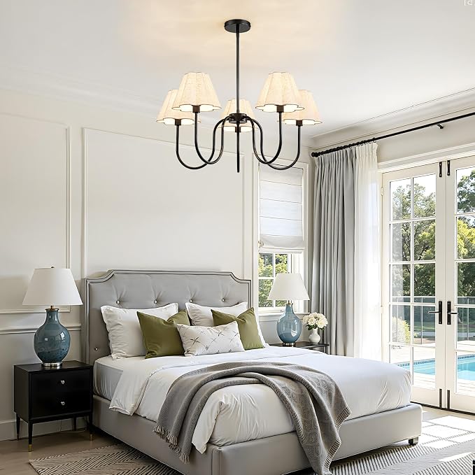 RUIYEY Gold Chandeliers for Dining Room - 28" 5-Light Modern Mid-Century Chandelier with Flower Scalloped Fabric Shades, Height Adjustable Farmhouse Pendant Ceiling Light Fixture for Bedrooms Kitchen