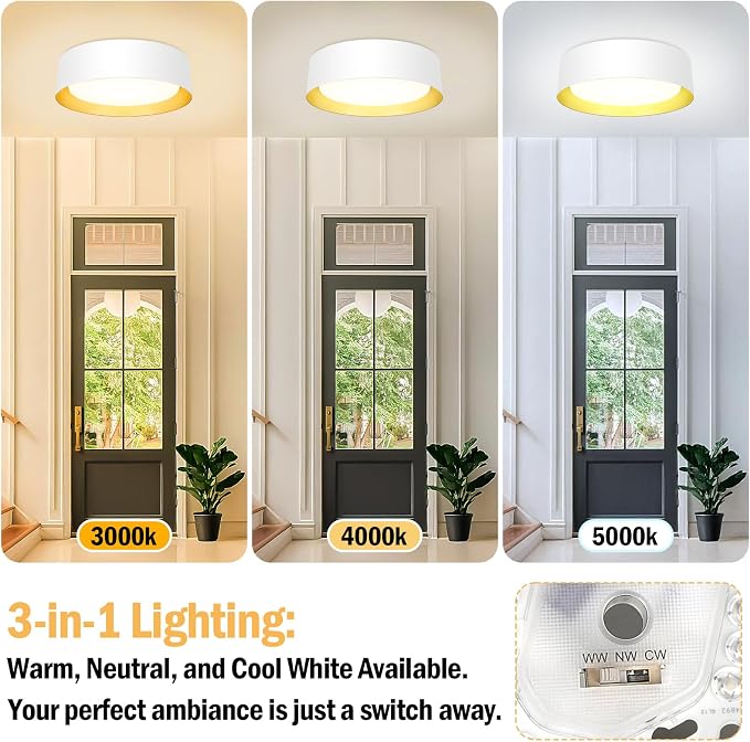 BrightHome Flush Mount Ceiling Light, 13in Modern Ceiling Light 3/4/5000K | 25W Bathroom Ceiling Light Fixture, 2600LM Dimmable LED Flush Mount Light for Bedroom, Hallway, Kitchen, White & Gold