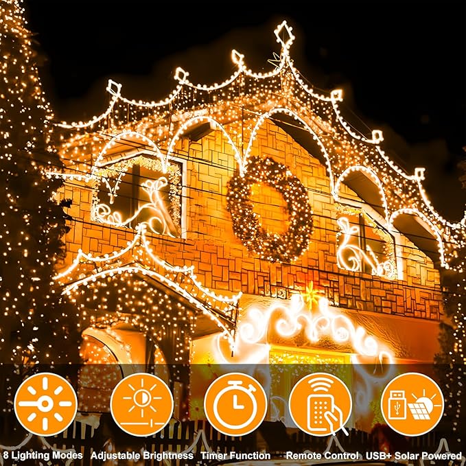 LiyuanQ 300 LED Solar Rope Lights Outdoor 99 FT Bright Solar Garden String Lights Durable 8 Modes Outdoor Fairy Lights Waterproof Solar Garden Decorative Lights for Fence Patio Decor (Warm)