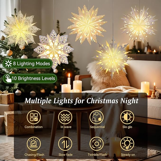 Lewondr Christmas Paper Star Lantern 5 Pack, Unique Flower Shape Lights with Remote Control, LED Paper Lanterns with 6H Timer for Holiday Home Decoration, 17.72 × 17.72 × 1.97 Inch, Warm Light