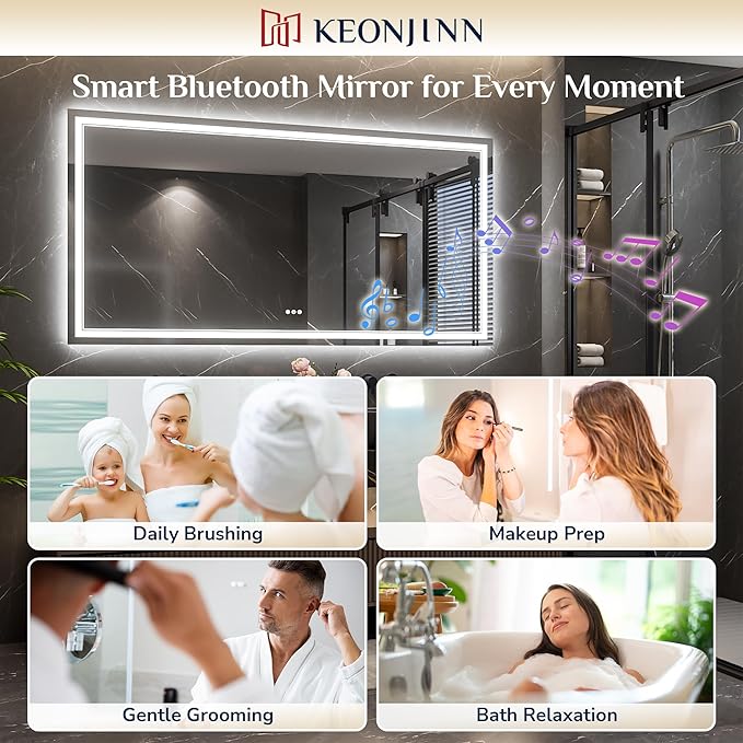Keonjinn 40 x 24 Inch Lighted Mirrors for Bathroom Wall with Bluetooth Speaker, Frontlit & Backlit LED Bathroom Mirror, Smart Mirror Bathrooms, Tempered Glass, 3 Color Temperature, Dimmable, Anti-Fog
