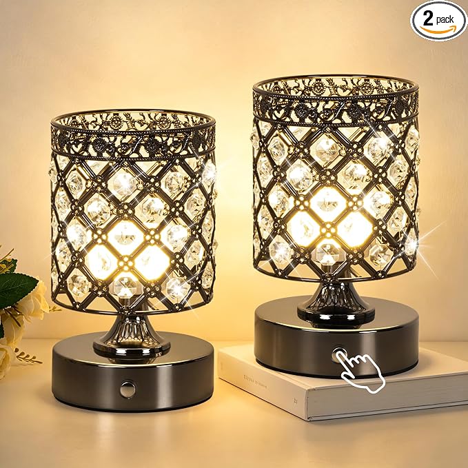 Black Small Crystal Rechargeable Cordless Table Lamps Set of 2 | 6000mAh Battery, 3 Color Temps, Stepless Dimming, Touch Control, Portable Wireless Night Light for Bar Bedroom Living Room