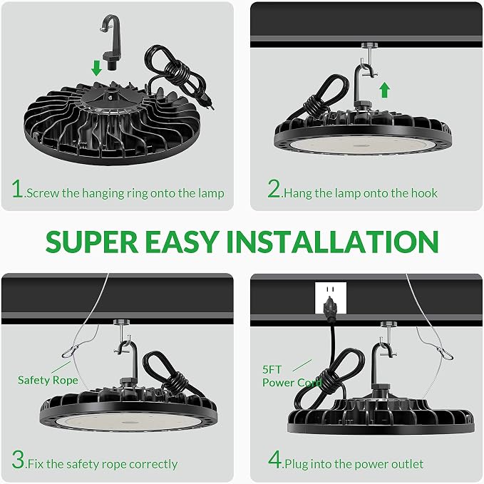 200W UFO LED High Bay Light 28000 LM 5000K w/US Plug 5ft Cable, Non-Dim | IP65 Waterproof Commercial Industrial Warehouse Workshop Factory Barn Garage Area Lighting Fixture AC85-277V