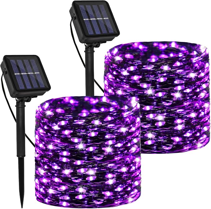 2 Pack Solar Copper Wire String Lights, 200 LED Purple Outdoor Decor | IP65 Waterproof, 8 Lighting Modes, Auto Dusk-to-Dawn, 10-12 Hour Runtime, Flexible Copper Wire, White Light