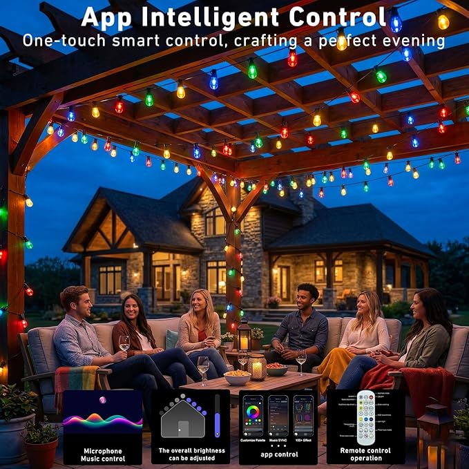 Outdoor String Lights,200FT Smart RGB+IC Patio Lights with Shatterproof LED Bulbs ,Outside Light Dimmable Patio for Decor DIY IP67 Waterproof ,Courtyard, garden,Holiday,LED lights more Scene Modes