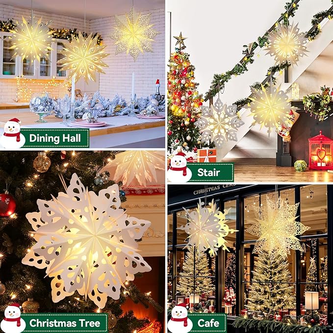 Lewondr Christmas Paper Star Lantern 5 Pack, Unique Flower Shape Lights with Remote Control, LED Paper Lanterns with 6H Timer for Holiday Home Decoration, 17.72 × 17.72 × 1.97 Inch, Warm Light