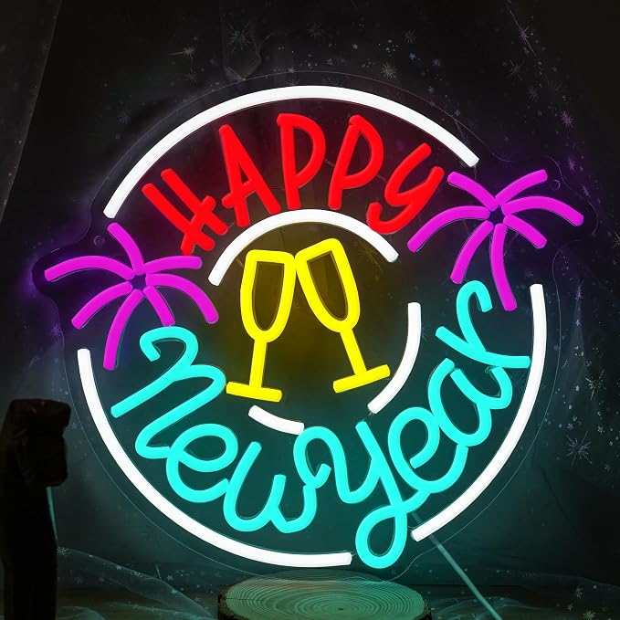 Happy New Year Neon Sign with Dimmable Champagne Glasses Fireworks LED Neon Light for New Years Eve Party Light Up Wall Decor Neon Sign for Home Bar Photo Background Holiday Gift