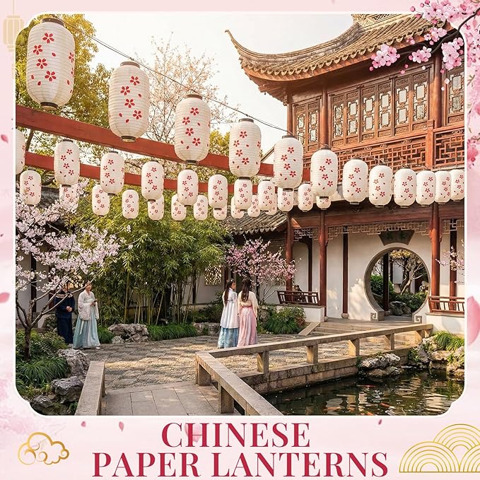 Baquler 24 Pcs Japanese Cherry Blossom Silk Lanterns 8 x 14 Inch Hanging Sakura Lantern Decorations for Wedding Party Restaurant Festival Decor Including 12 Lanterns and 12 Lights