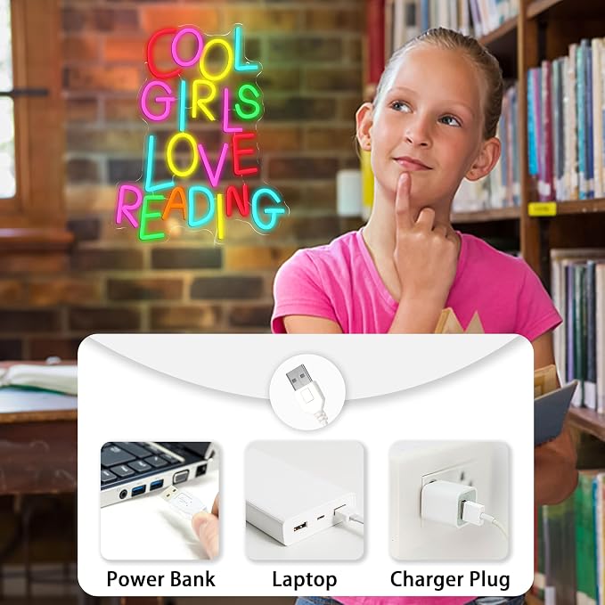Cool Girls Love Reading Neon Sign USB Powered Reading Book Neon Light for Wall Decor Colorful Letter Light Up Sign for Classroom Reading Room Bookstore Kids Room Library (16.54 * 12.6)