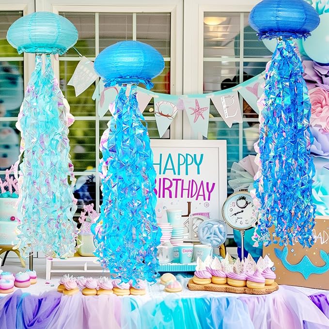 10" Blue Jellyfish Paper Lanterns - Under the Sea Birthday & Mermaid Party Decorations, Ocean and Beach Theme Indoor Outdoor Hanging Decor, Baby Shower, Nautical Events (Set of 6)
