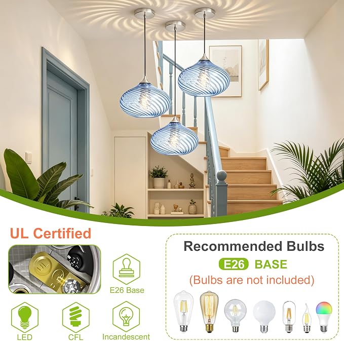 11in Brushed Nickel Pendant Lights Kitchen Island with Blue Glass Shade 1PC | Handcrafted Glass Pendant Light Fixtures, UL Certified, E26 Base 100W Max, Height-Adjustable, Dimmable Hanging Pendant Light