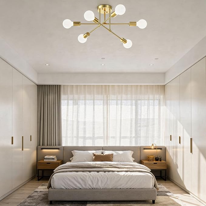 Modern Sputnik Chandelier Ceiling Light Fixtures, 6-Lights 22” Mid Century Industrial Metal Semi Flush Mount for Dining Room, Bedroom, Living Room-Brushed Gold