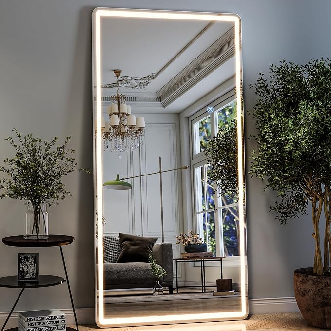 34x76 inch Full Length Mirror with Lights, LED Full Body Mirrors | Stepless Dimmable 3 Color Lighting Floor Standing/Hanging/Leaning/Wall Mounted Vanity Mirror for Bedroom Cloakroom (Rect)
