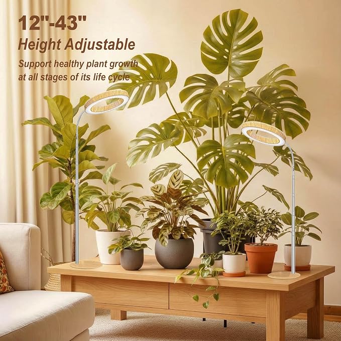 Grow Lights for Indoor Plants Full Spectrum, Desk LED Plant Light with Faux Wood Grain, 12"-43" Height Adjustable, Auto On/Off Timer 3/9/12H, 3 Modes 10 Dimmable Levels for Succulents, Herbs