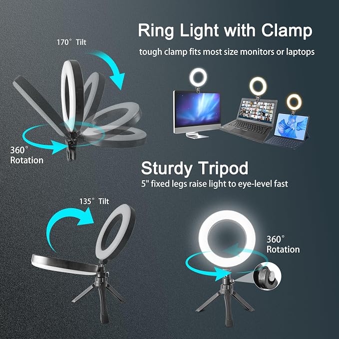 6" Ring Light Video Conference Kit, 5-Color 10-Brightness Clip-On Light with Stable Ring-Light Clamp & 5" Tripod, Desk/Zoom/TikTok, Makeup Light, Selfie Light