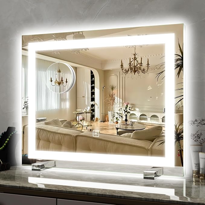 ROLOVE 22x20 Inch Lighted Vanity Mirror, 3 Color Modes, Dimmable, White | Large makeup mirror with touch-dimming LED lighting for dressing room, tabletop, or wall-mounted use