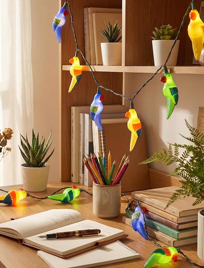 10 LED Tropical Beach Parrot Lights, 8.5Ft Camping String Lights Outdoor | Plug in, Connectable, 10 Multicolor Bird, Hanging Fairy Lights, Summer Hawaiian Decoration for Outside Party Home Decor