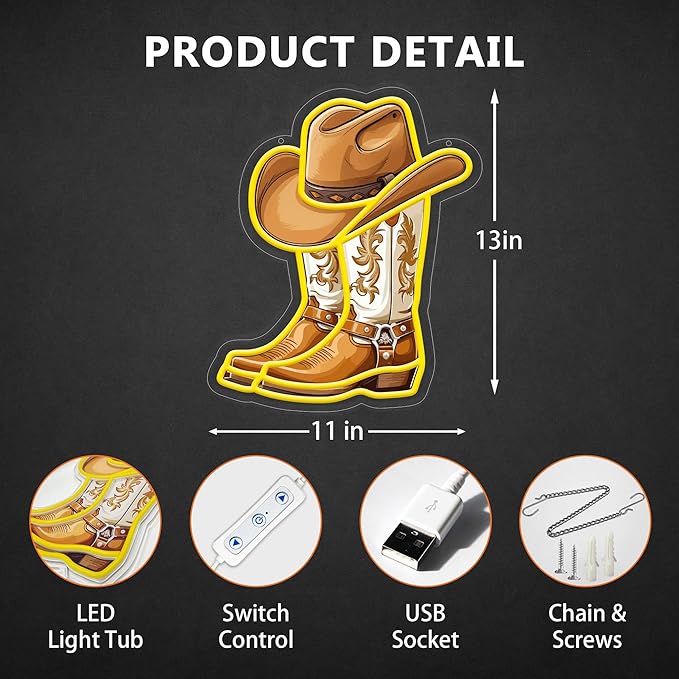 Cowboy Boot with Hat Neon Signs for Wall Decor, Western Cowboy LED Sign Light Up, Dimmable Neon Light for Game Room Man Cave Bedroom Bar Party Birthday Gifts