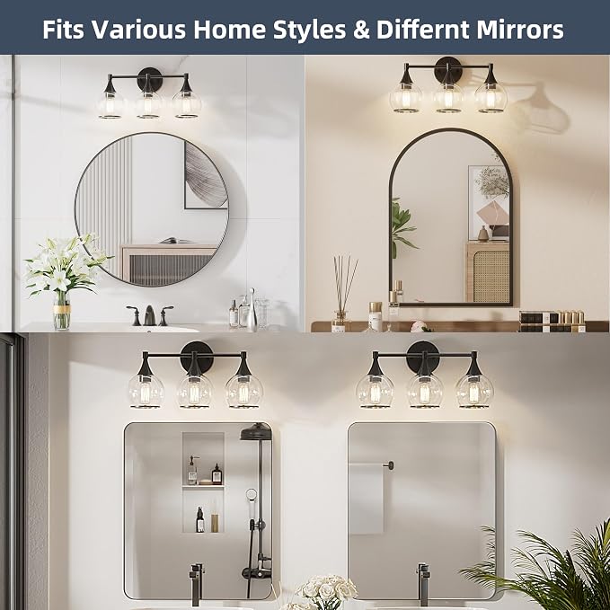 PAIHOME 3-Light Black Bathroom Vanity Light Fixtures Over Mirror | Painted, Anti-rust, UL-Certified, Elegant Globe Glass Shade, Modern Vintage, Easy to Install,Versatile Wall Decor Light