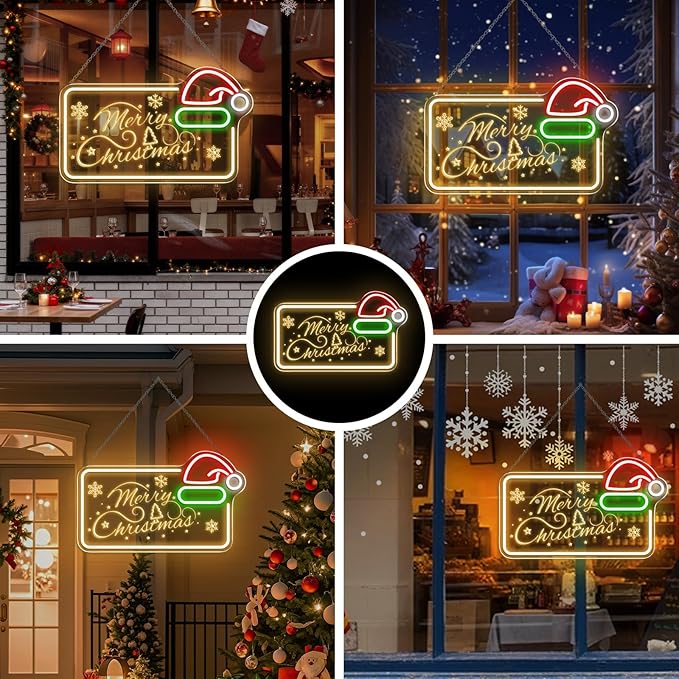 16.5 x 10’’ Merry Christmas Neon Sign, Carving LED Sign with Santa Hat, USB Powered Dimmable Switch for Xmas Party Kids Bedroom Bar Pub Club-Christmas Gift Decorations